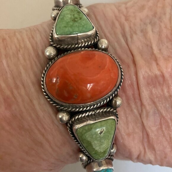 Wonderful Unique Vintage Navajo Cuff by Albert Jake in Sterling-Turquoise-Spiny - Picture 7 of 9